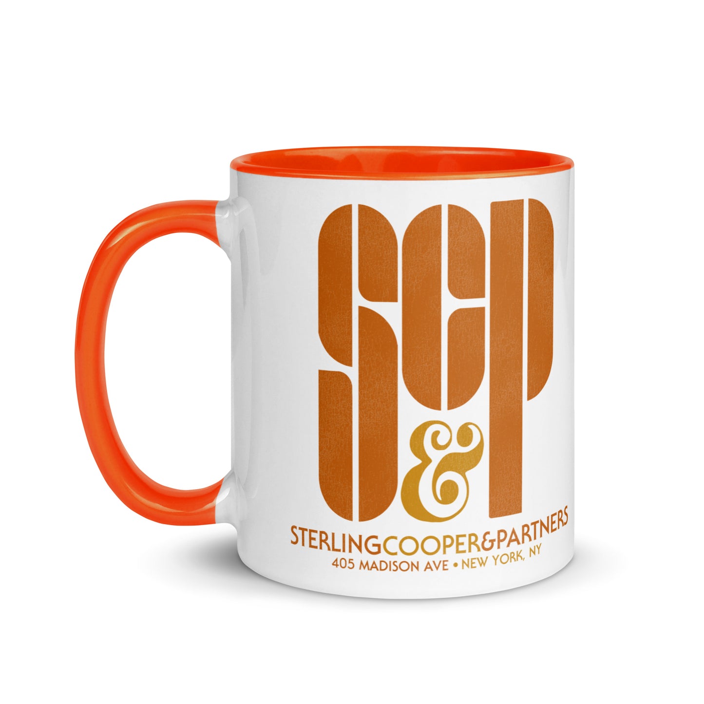 A tourist retro style white ceramic mug with a red handle and inside that says in bold orange letters SCP & Sterling Cooper & Partners. Also reads "405 Madison Ave + New York, NY". References Mad Men.