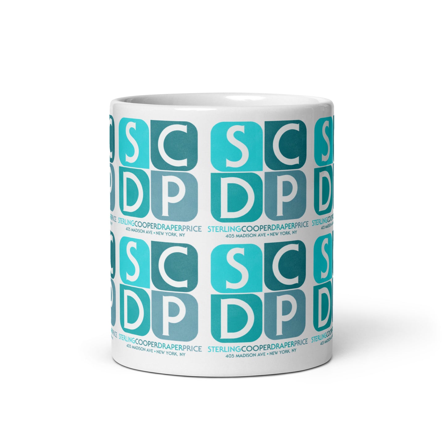 A glossy white tea and coffee mug from the Mad Men agency Sterling Cooper Draper Pryce. Includes address of "405 Madison Ave + New York, NY" and a blue SCDP logo repeated.