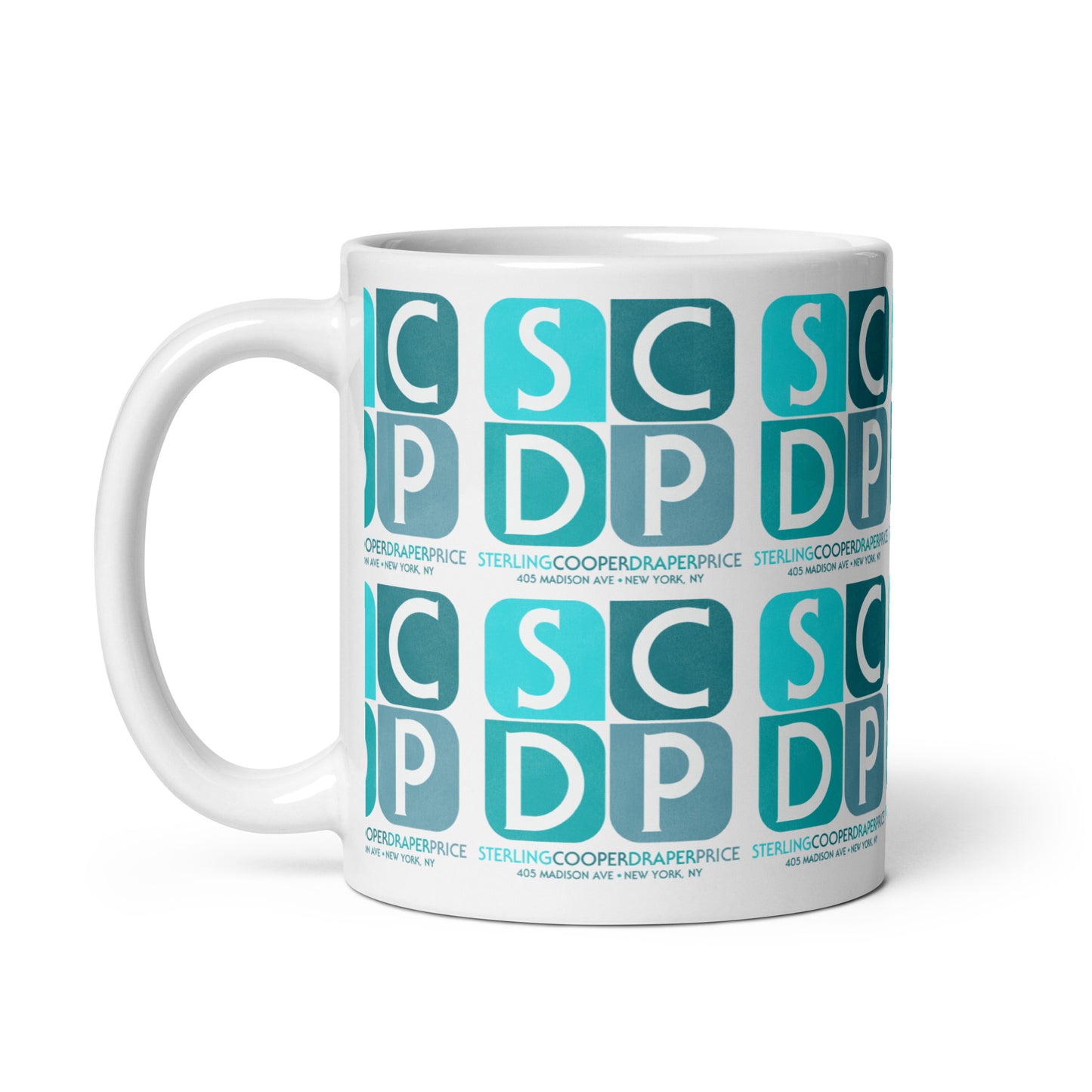 The SCDP logo in blue blocks on a white souvenir mug. The text says "Sterling Cooper Draper Price" and "405 Madison Ave + New York, NY". Refers to the fictional advertising industry firm in 1960s Mad Men television series on Avenue of the Americas.