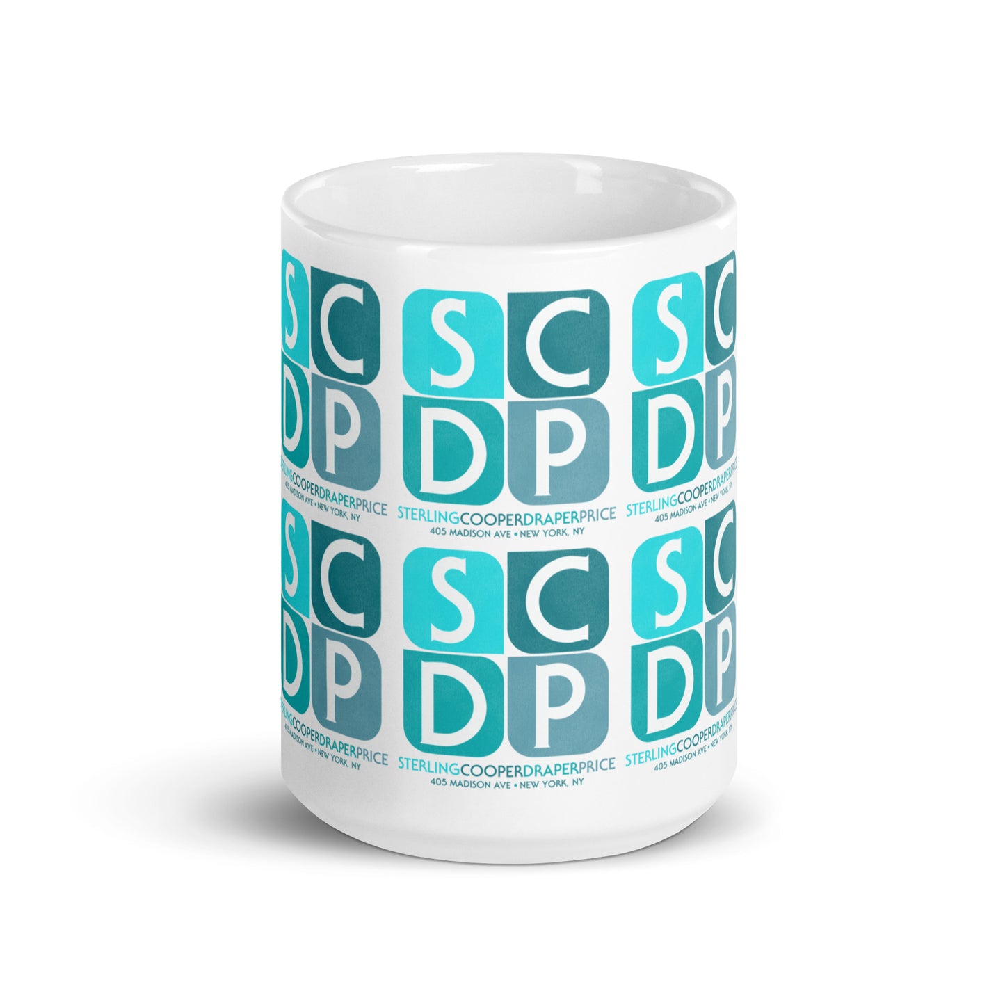 A vintage style blue and white travel drinking mug reading "Sterling Cooper Draper Price" from the drama television show Mad Men. Includes the words "405 Madison Ave + New York, NY". Has the advertising brand logo SCDP in blue.