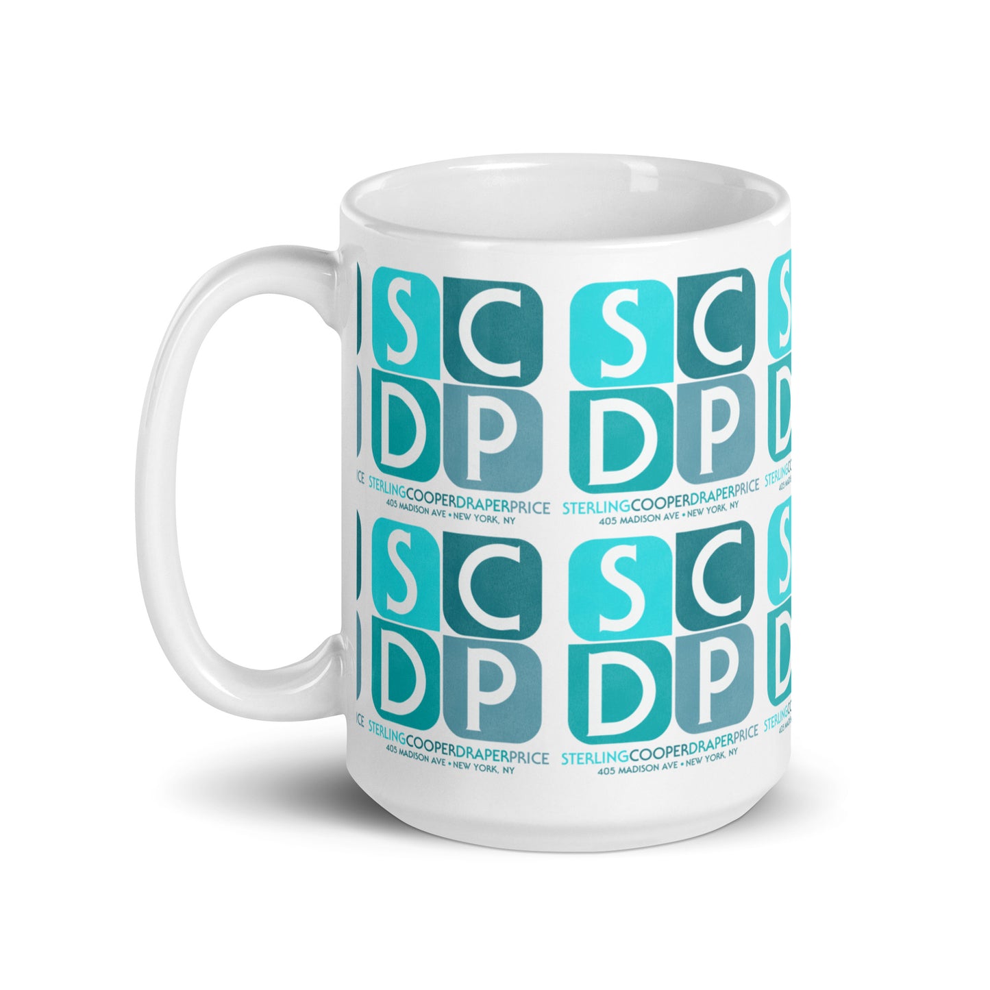 A white Mad Men coffee and tea mug that says "Sterling Cooper Draper Price" and "405 Madison Ave + New York, NY". Includes SCDP logo image in blue.