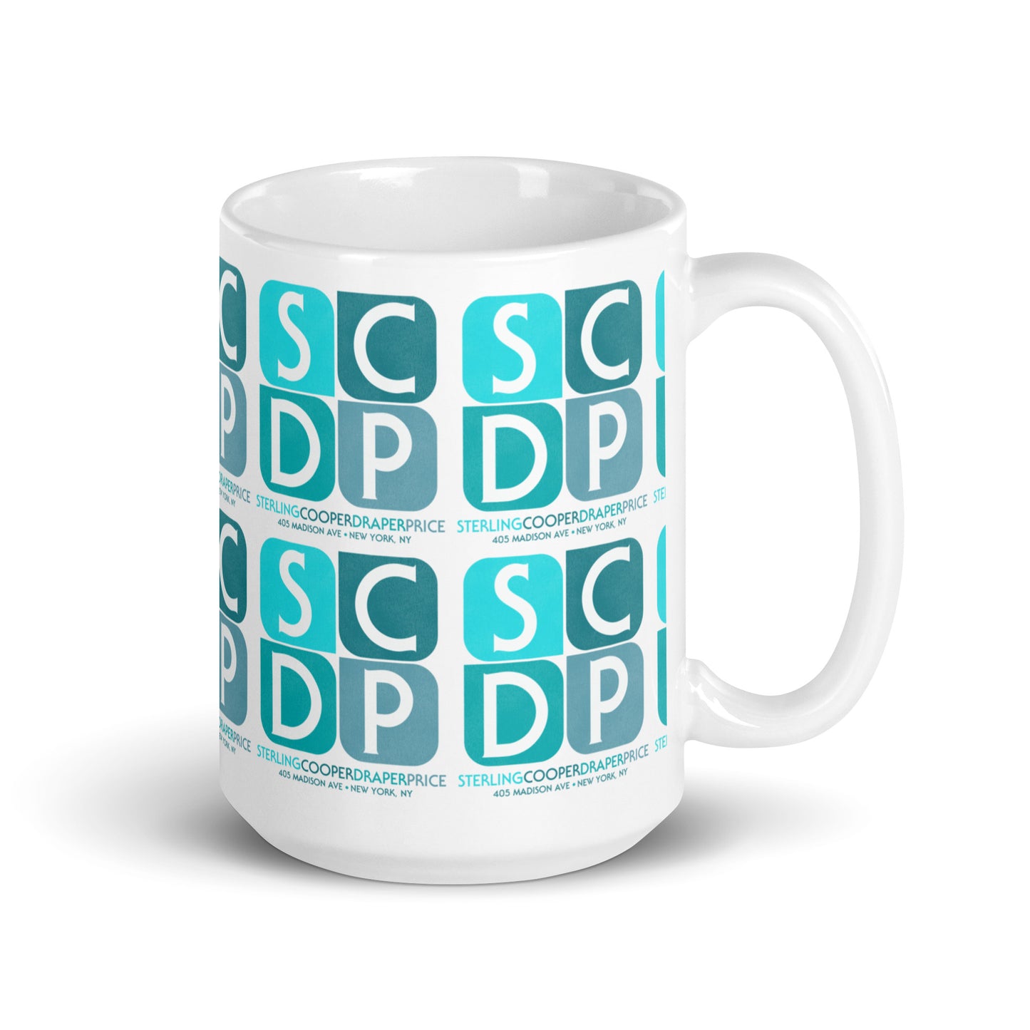 A 60s style coffee mug with Sterling Coper Draper Prcye logo in block letters SCDP repeated. Refers to TV show Mad Men.