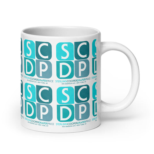 A vintage drinking mug with handle with the text "Sterling Cooper Draper Price" and "405 Madison Ave + New York, NY" and the letters S, C, D, and P in blue. Refers to the 1963 advertising agency from the Mad Men TV show.