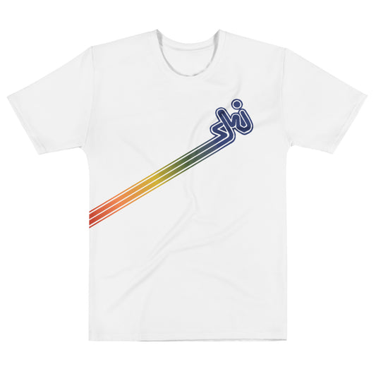 A white vintage t-shirt for tourists that has rainbow colored hombre stripes into the word "ski". 