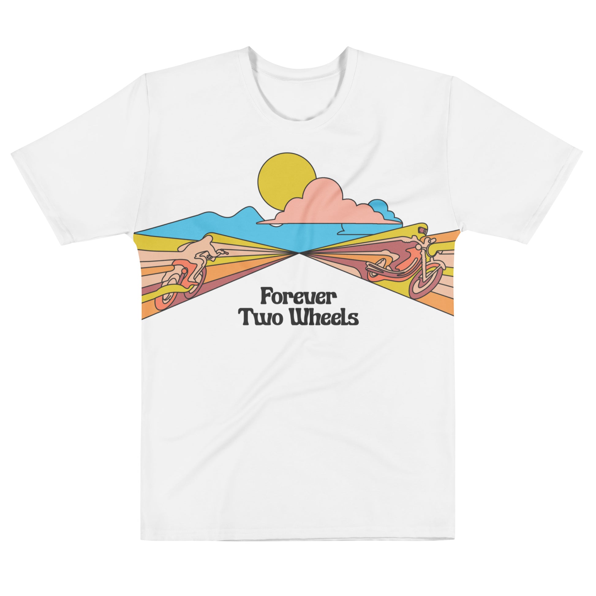 A white retro t-shirt that says "Forever Two Wheels" with two motorcyclists blending into the yellow, pink, and red scenery, blue mountains in the distance and clouds and sun in the sky. 