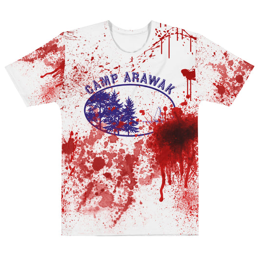 A travel white t-shirt covered in blood that says Camp Arawak with a logo including trees and a sailboat referencing the 1938 slasher movie Sleepaway Camp. 