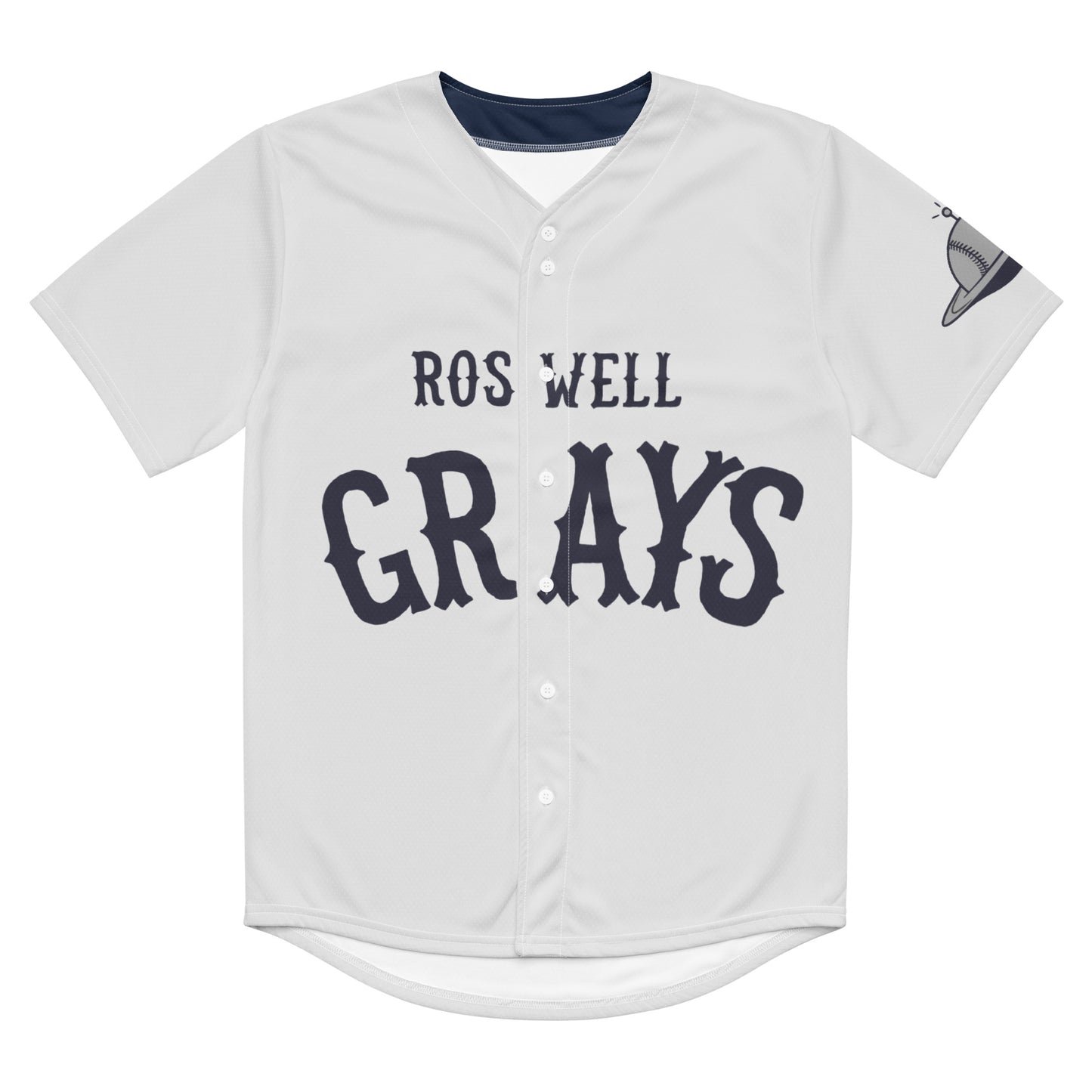A vintage gray baseball jersey style t-shirt with the words "Roswell Grays" in the center. Refers to an episode of the X-Files TV show.