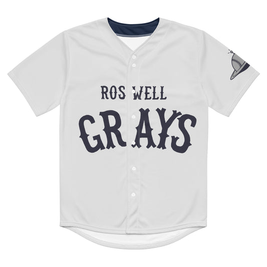 A vintage gray baseball jersey style t-shirt with the words "Roswell Grays" in the center. Refers to an episode of the X-Files TV show.