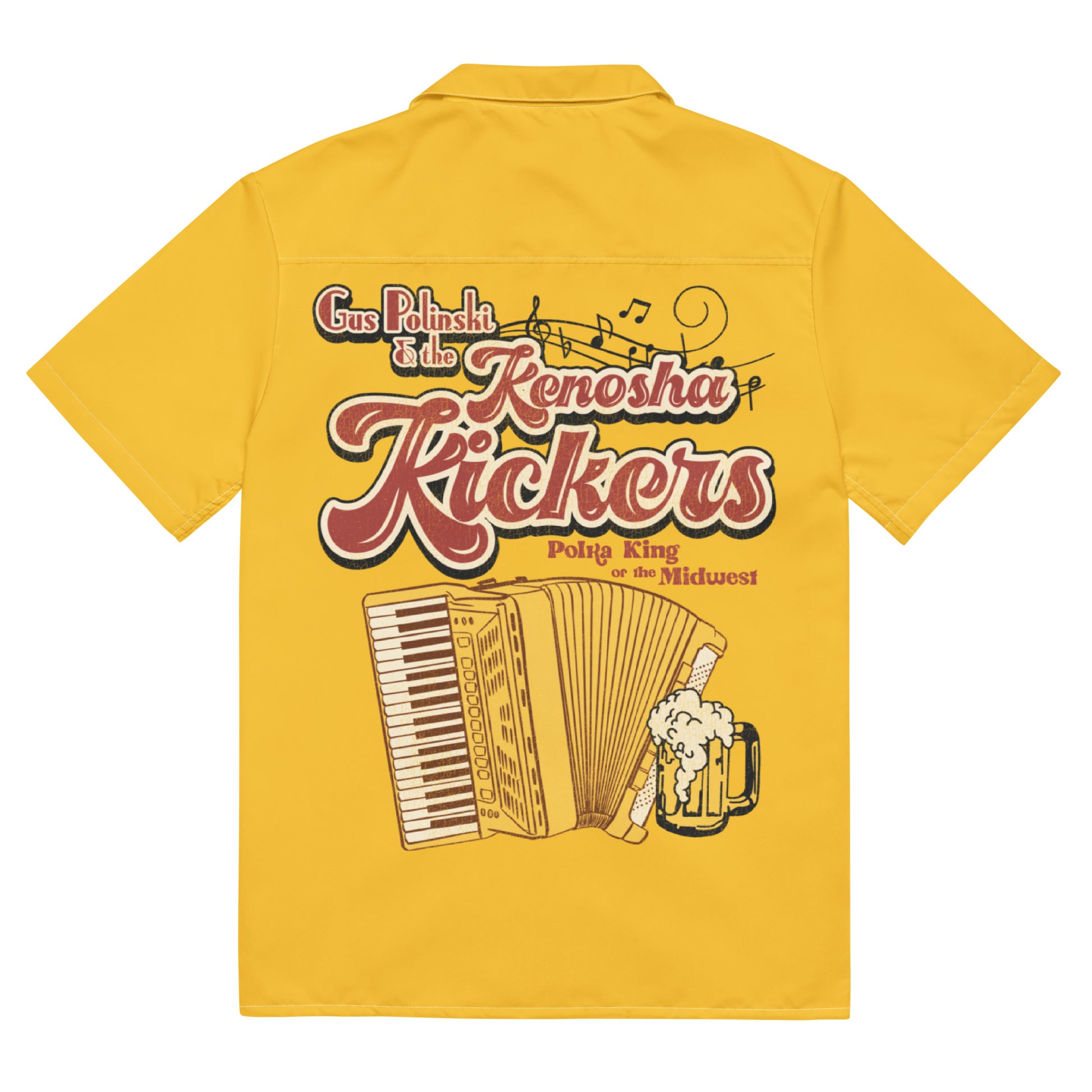 A yellow button up shirt that says on the back "Gus Polinski & the Kenosha Kickers", and "Polska King of the Midwest" in red. Image of piano notes, an accordian, and a beer. From the movie "Home Alone". 