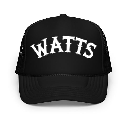 A black tourist vintage foam trucker hat with mesh and the word "Watts". 