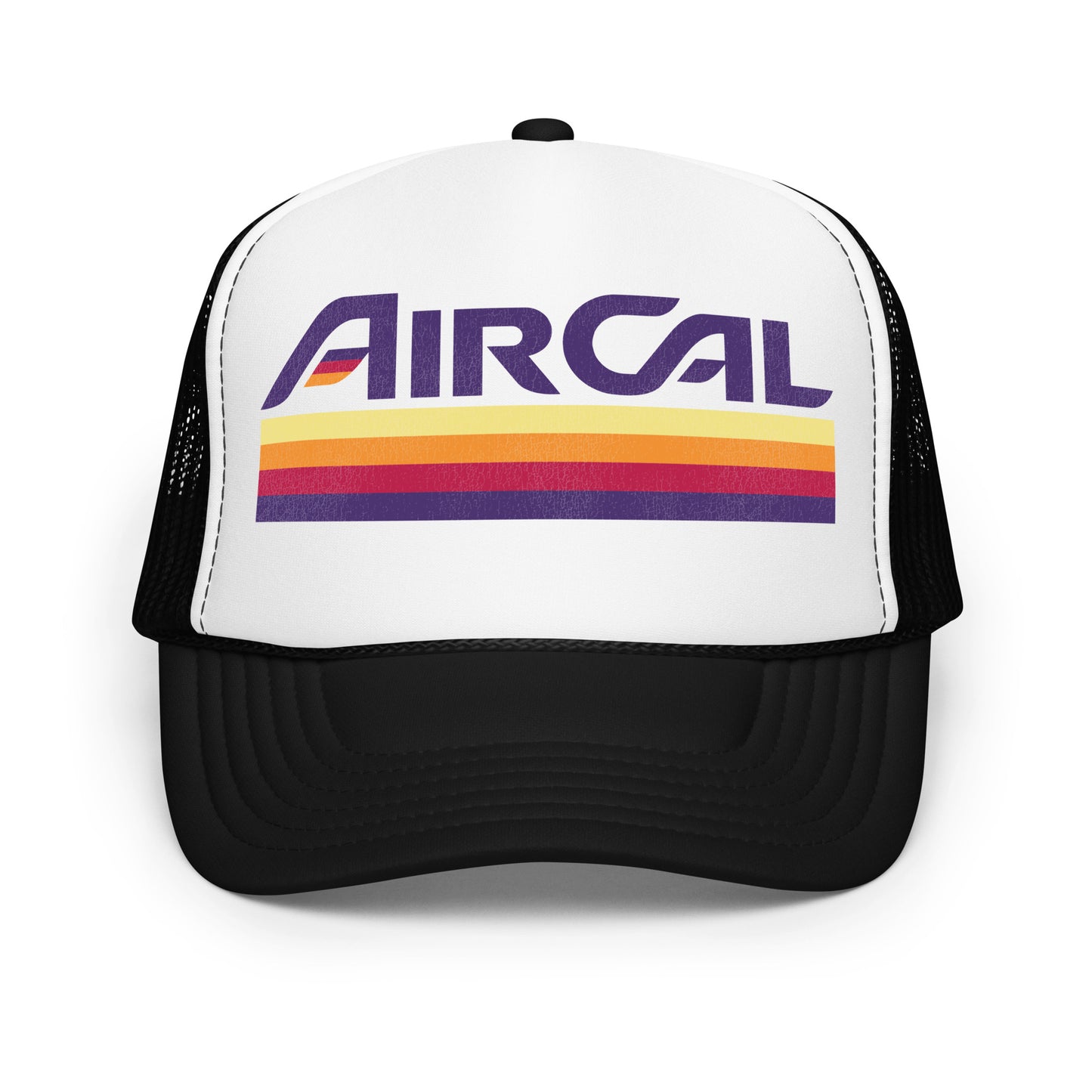 A retro foam trucker hat in black and white with the Air Cal logo, multiple colorful stripes. 