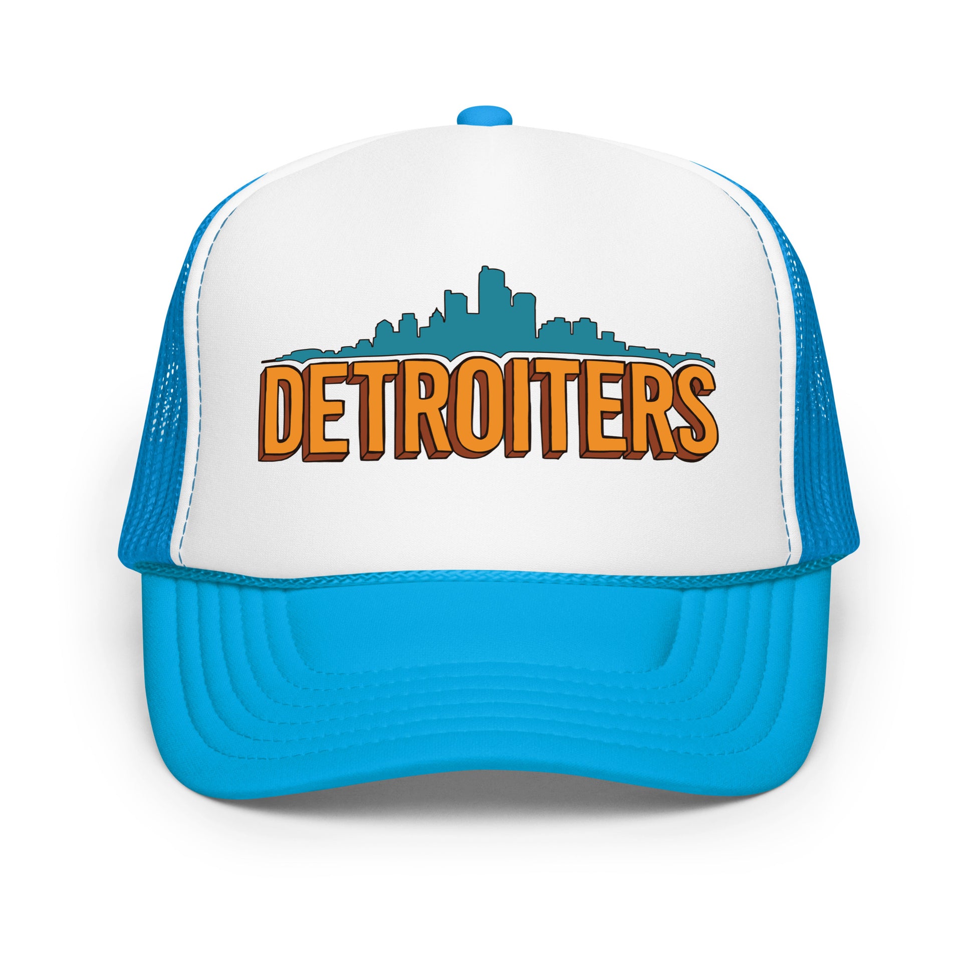 A blue and white foam trucker hat for tourists that says "Detroiters" in orange with an image of the Detroit skyline in blue. 
