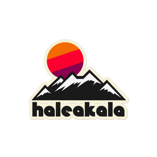 A retro kiss cut sticker that says "Haleakala" underneath the image of multiple snowcapped peaks with a beautiful warm toned orange, red, and purple sun. References Haleakalā National Park on Maui, Hawaii, named after the dormant volcano Haleakalā, Hawaiian for "house of the sun". 