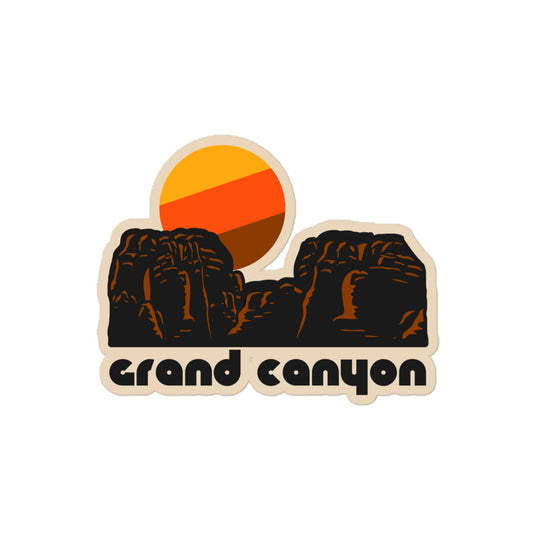A retro Grand Canyon kiss cut sticker with the image of an enormous red rock canyon and a striped yellow, red, and brown sun. 