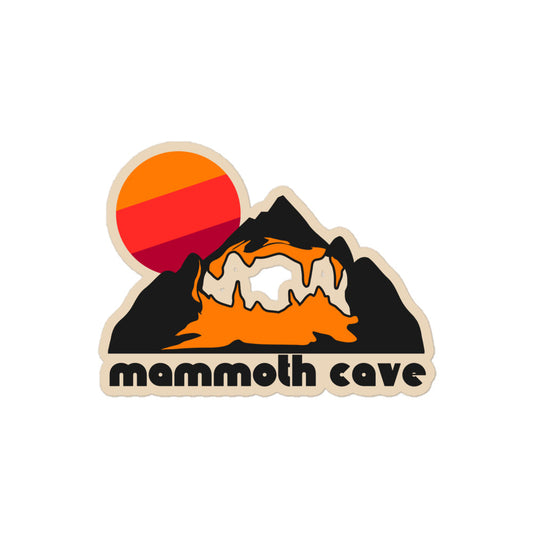 A vintage kiss cut sticker that says "mammoth cave" under the image of a mountain with hiking and cave trails and an orange/red/maroon sun setting, referencing Kentucky's Mammoth Cave National Park. 