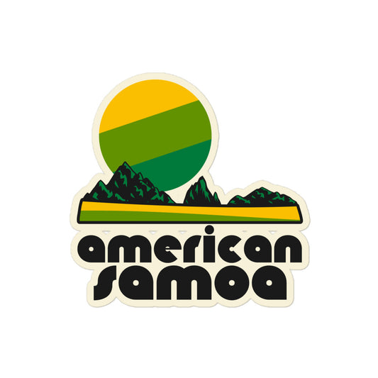 A retro kiss cut sticker that says American Samoa under the image of a green/yellow landscape, green mountains and trees, and a yellow and green sun. 