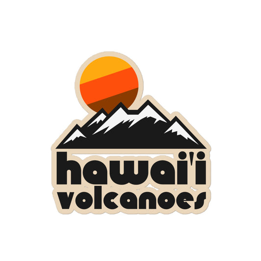 A vintage souvenir Hawai'i Volcanoes kiss cut sticker with the image of mountains under a brown, orange, and yellow sun, referencing the Hawai'i Volcanoes National Park, including Kīlauea and Mauna Loa. 