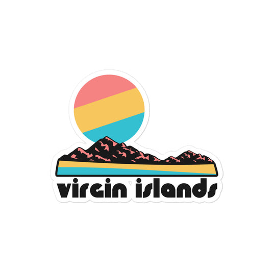 A retro souvenir Virgin Islands kiss cut sticker including the image of a beach, the ocean, beautiful rocky hills, and a pink, yellow, and blue sun setting. 