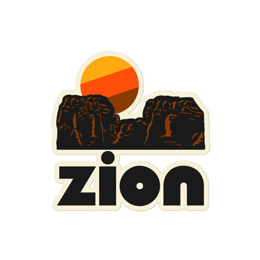 A retro Zion National Park kiss cut sticker with the image of a red rock landscape and setting yellow/orange/brown colored sun. 