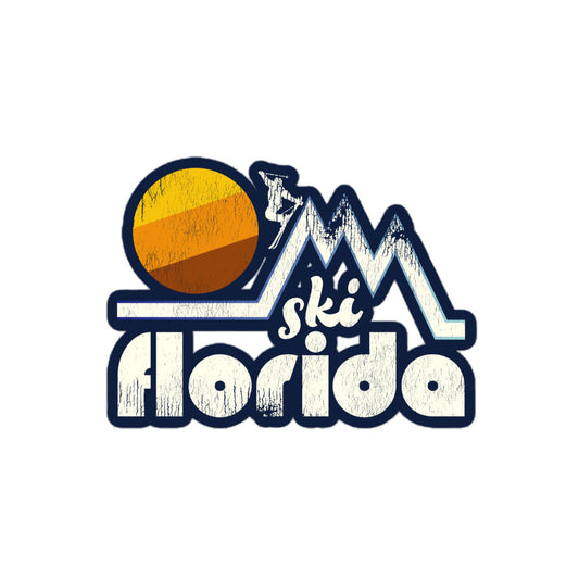 A retro kiss cut sticker that says "ski Florida" with an image of someone skiing down mountain cliffs in front of an orange, yellow, and brown circular sun. 