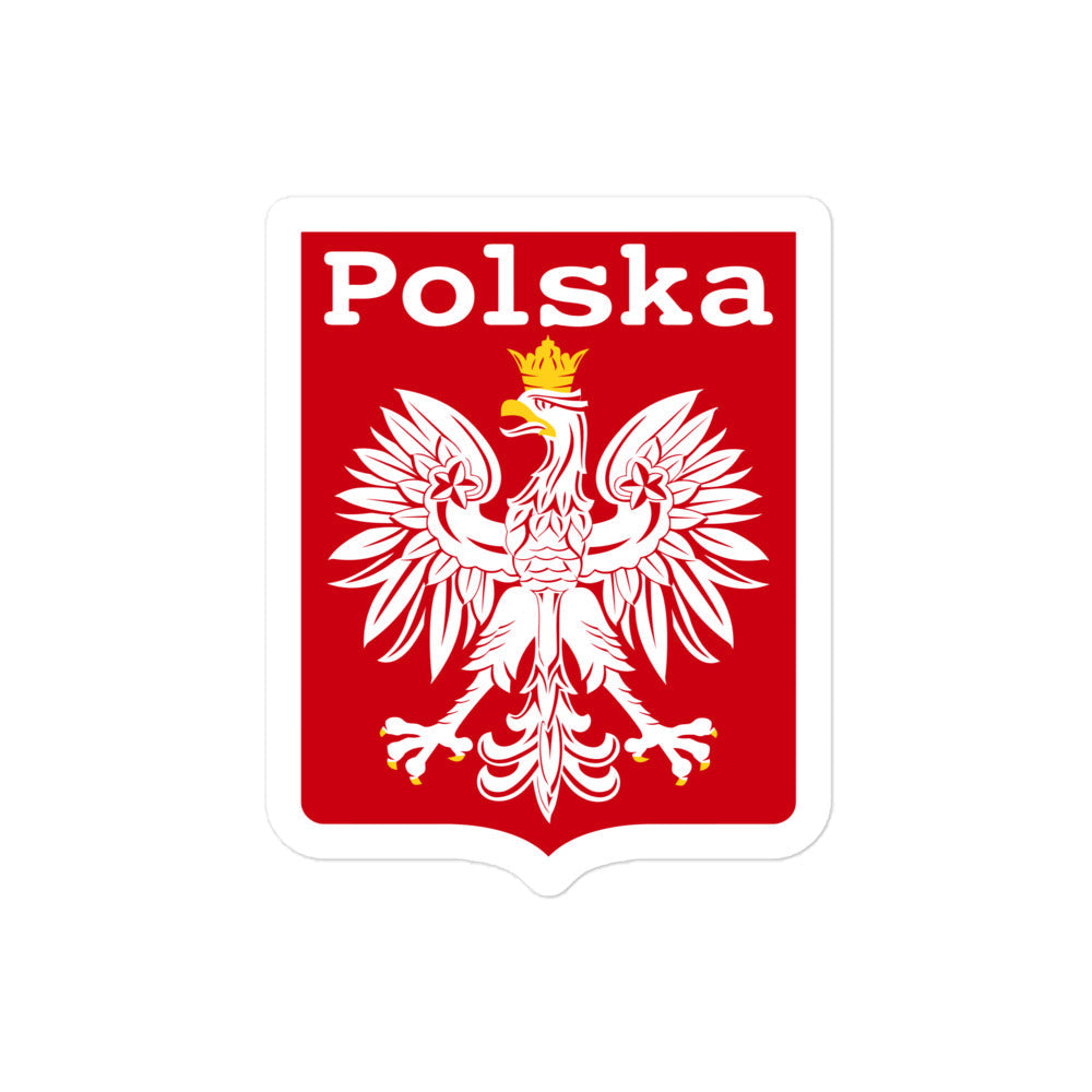 A Polska red and white vintage kiss-cut sticker with a white eagle with a golden crown, the national symbol of Poland, also found on the Polish coat of arms and Polish flag. 