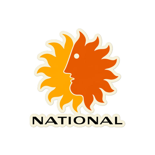 A retro kiss cut sticker that says "National" with a sun split in two, one half an orange face, the other half yellow, referring to the National Airlines logo. 