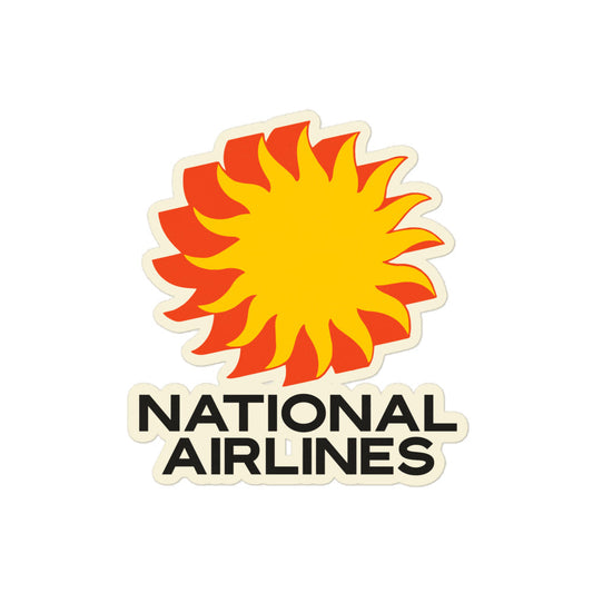 A vintage kiss-cut sticker that says "National Airlines" with the orange and yellow sun logo. 