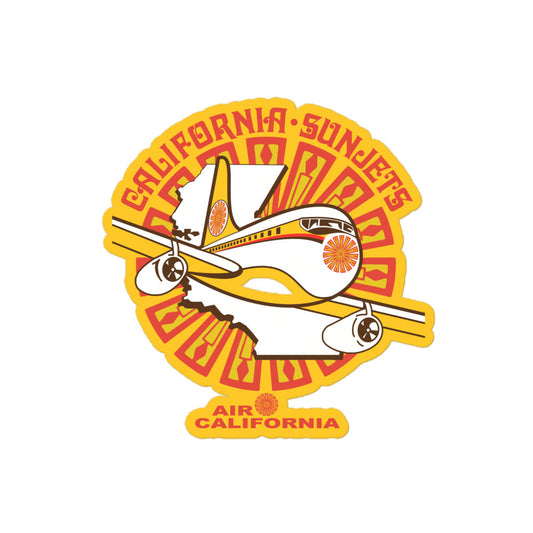 A vintage kiss-cut sticker that says Air California and California Sunjets with the image of a white and yellow plane flying on the map of CA and a spiraled orange logo resembling candlesticks. 