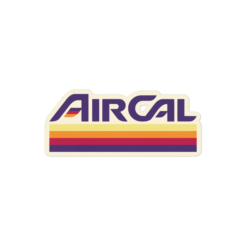 A vintage kiss-cut sticker that says "Air Cal" with the yellow, orange, magenta, and purple striped logo. 