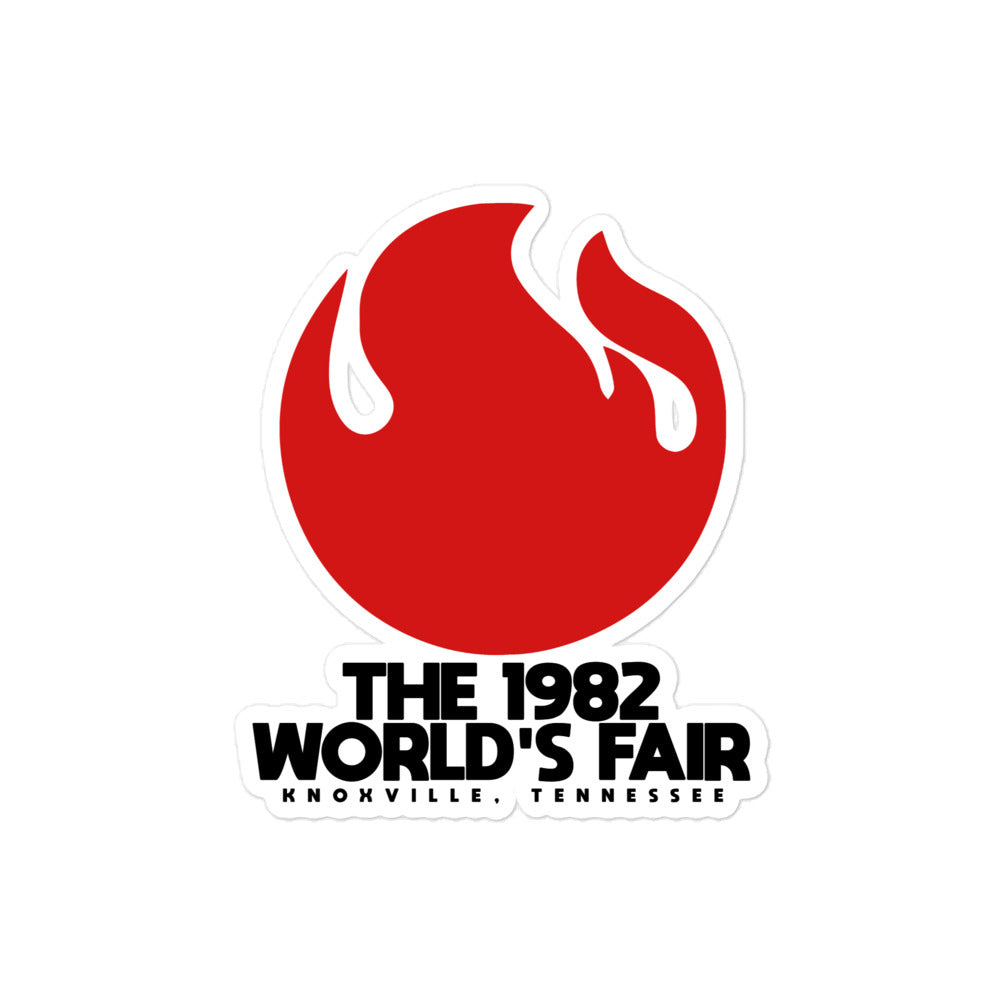 A retro kiss cut sticker of a red flame above the words "The 1982 World's Fair Knoxville, Tennessee". 