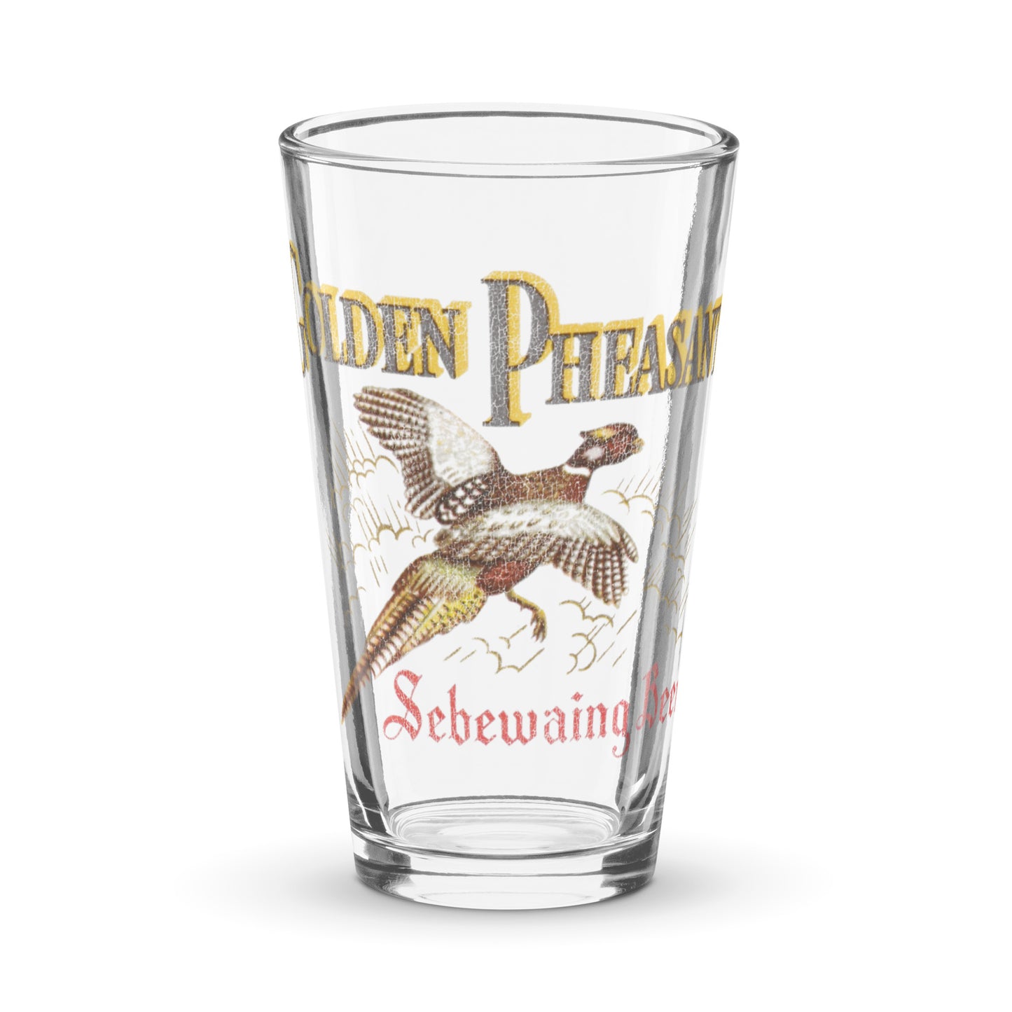 A retro shaker pint glass that says Golden Pheasant and Sebewaing Beer. Image of golden pheasant flying through the air, the Michigan brewing company's logo. 