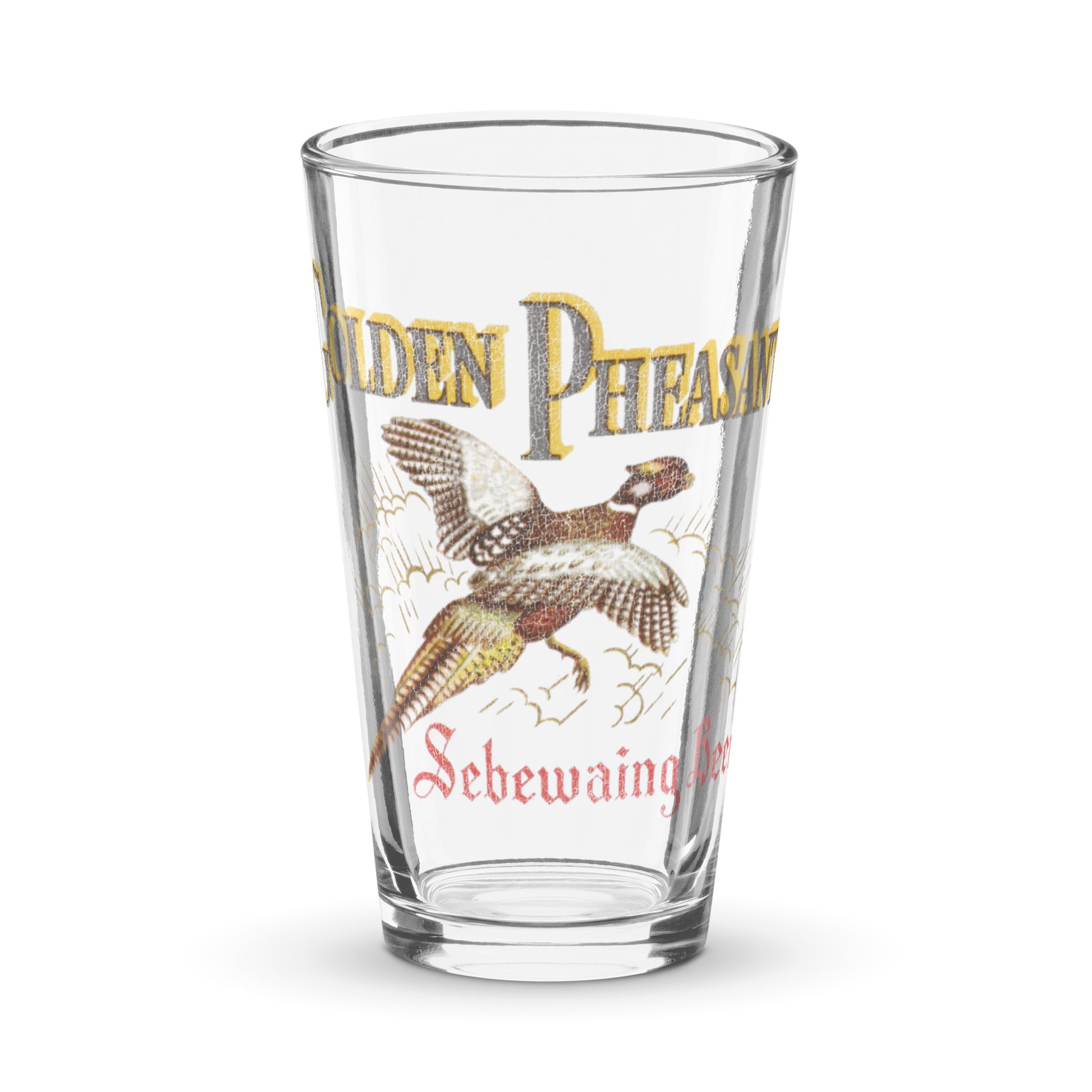 A retro shaker pint glass that says Golden Pheasant and Sebewaing Beer. Image of golden pheasant flying through the air, the Michigan brewing company's logo. 