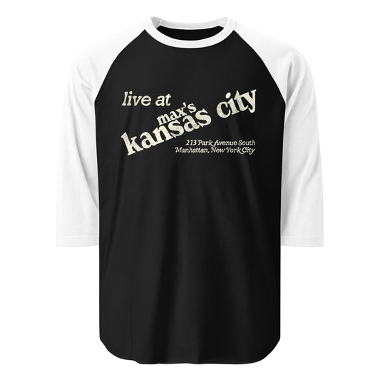 A retro three quarter sleeve black and white Max's Kansas City hoodie sweatshirt that says "live at Max's Kansas City" and "213 Park Avenue South, Manhattan, New York City" in reference to the 60s, 70s, and 80s nightclub opened by Mickey Ruskin. 