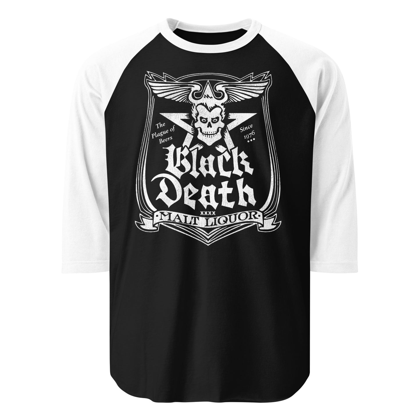A black and white vintage three quarter sleeve raglan style Black Death Malt Liquor shirt. Referencing the tv series WKRP in Cincinnati. Image of skull on a five pointed star with horns and wings on a gothic shield. 