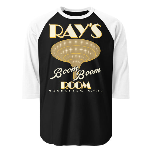A vintage three quarter sleeve white and black Ray's Boom Boom Room t-shirt with Manhattan NYC. Refers to the movie Life and is spoken by Ray, played by actor Eddie Murphy. 