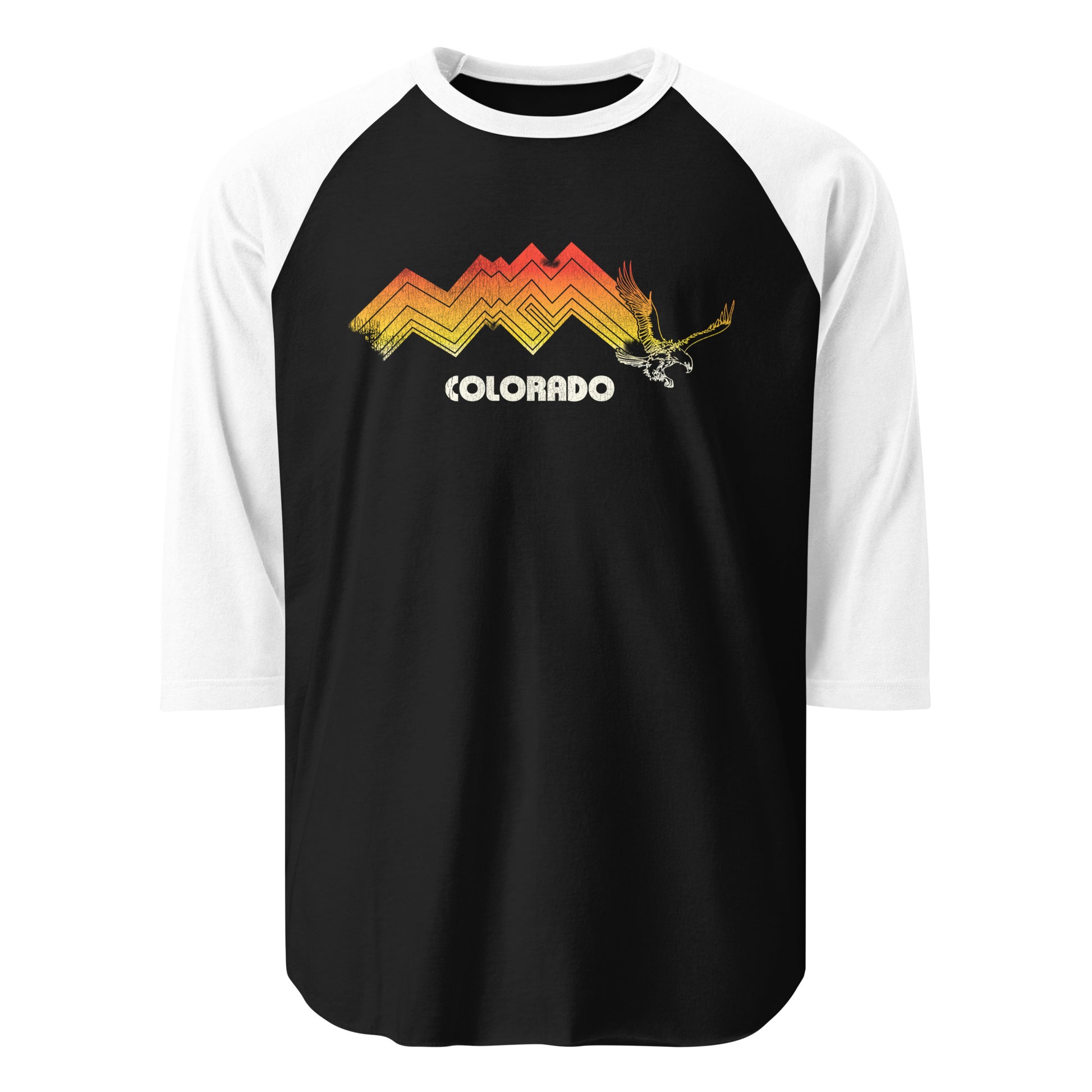 A vintage three quarter sleeve white and black shirt with a red, orange, and yellow Rocky mountain range and yellow eagle and the word Colorado. 