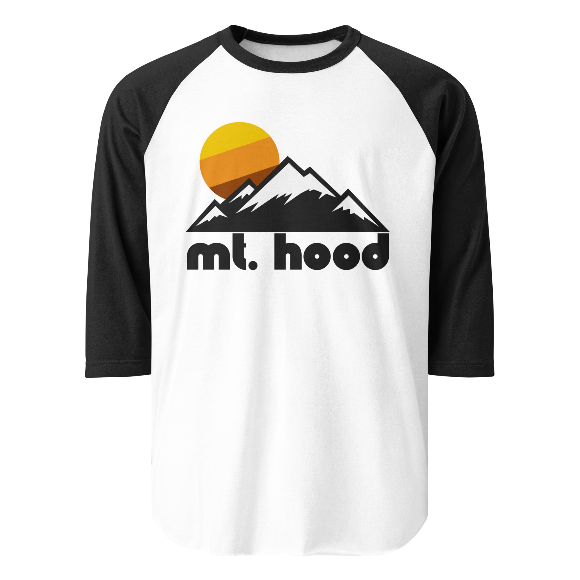 A 3/4 sleeve black and white retro raglan style shirt that has the image of a mountainous region and a tricolored sun setting in yellow, orange, and brown colors. Says "Mt. Hood" in reference to Mt. Hood Meadows Ski and Summer Resort, one of Oregon's largest ski resorts, near Portland, with family friendly ski and snowboard trails and beautiful hiking and backpacking opportunities. 
