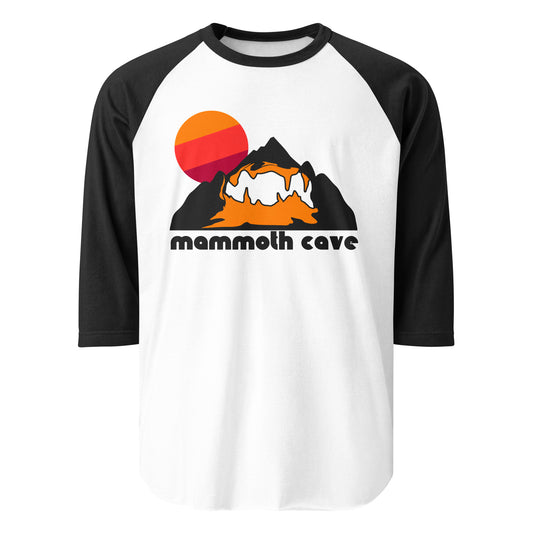 A black and white 3/4 sleeve retro raglan style "Mammoth Cave" shirt with an image of a cave system within an orange inside of a dark mountain and ground landscape. Includes a beautiful sun setting in reds and oranges, and references the world famous Mammoth Cave National Park in Kentucky, which has the largest known cave system on the globe. 