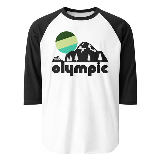 A black and white retro raglan style Olympic National Park shirt that says 'olympic' under the image of beautiful mountain landscape with forest trees and a green/blue striped setting sun. References Olympic National Park in Washington State, known for its beaches, rainforests, and hiking trails, and famous spots like Hoh Rainforest and Ruby Ridge. 
