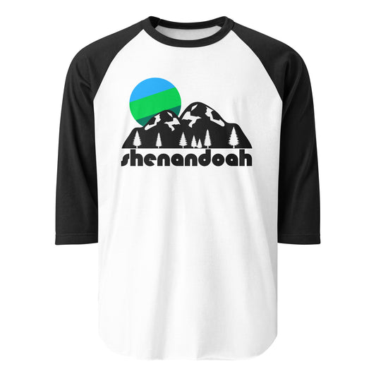 A three quarter sleeve black and white retro raglan style shirt that says "shenandoah" under an image of black mountains with some snow on top and pine trees with a blue and green sun shining down. References Shenandoah National Park in Virginia, including Old Rag Mountain, Skyline Stables, Skyline Drive, and Big Meadows, known for birding. 