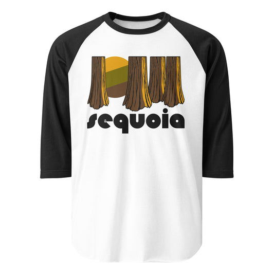 A three quarter sleeve black and white raglan style "sequoia" shirt that includes the image of forest with a green and yellow sun shining through. References Sequoia & Kings Canyon National Parks in California, visited every year for tourists to see the largest tree in the entire world, called General Sherman Tree, and to see the Sequoia National Forest.  