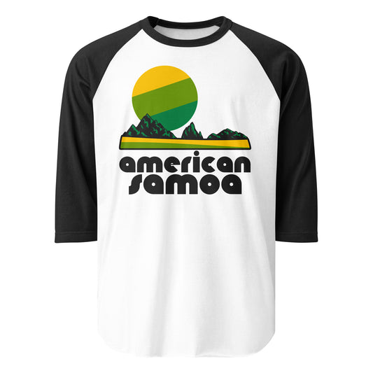A 3/4 sleeve retro raglan style black and white shirt that says "american samoa", referencing American Samoa National Park on multiple islands of American Samoa in the Pacific Ocean, including stunning tropical rainforests, coral reefs, and beaches. 