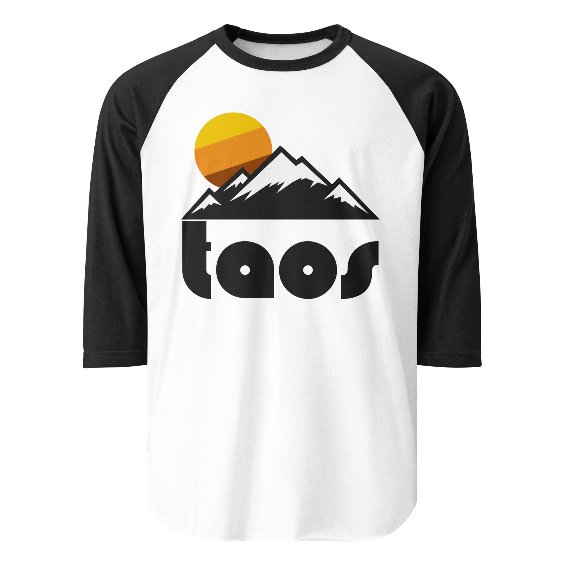 A retro raglan style black and white 3/4 sleeve "Taos" shirt with an image of multiple mountains, covered in snow for skiing and snowboarding, and a yellow/orange/brown striped sun behind. References Taos Ski Valley, a world class ski and snowboard resort, located in the Sangre de Cristo Mountain Range which begins the Rocky Mountains in New Mexico. The town was originally a mining town in the 1800s. 
