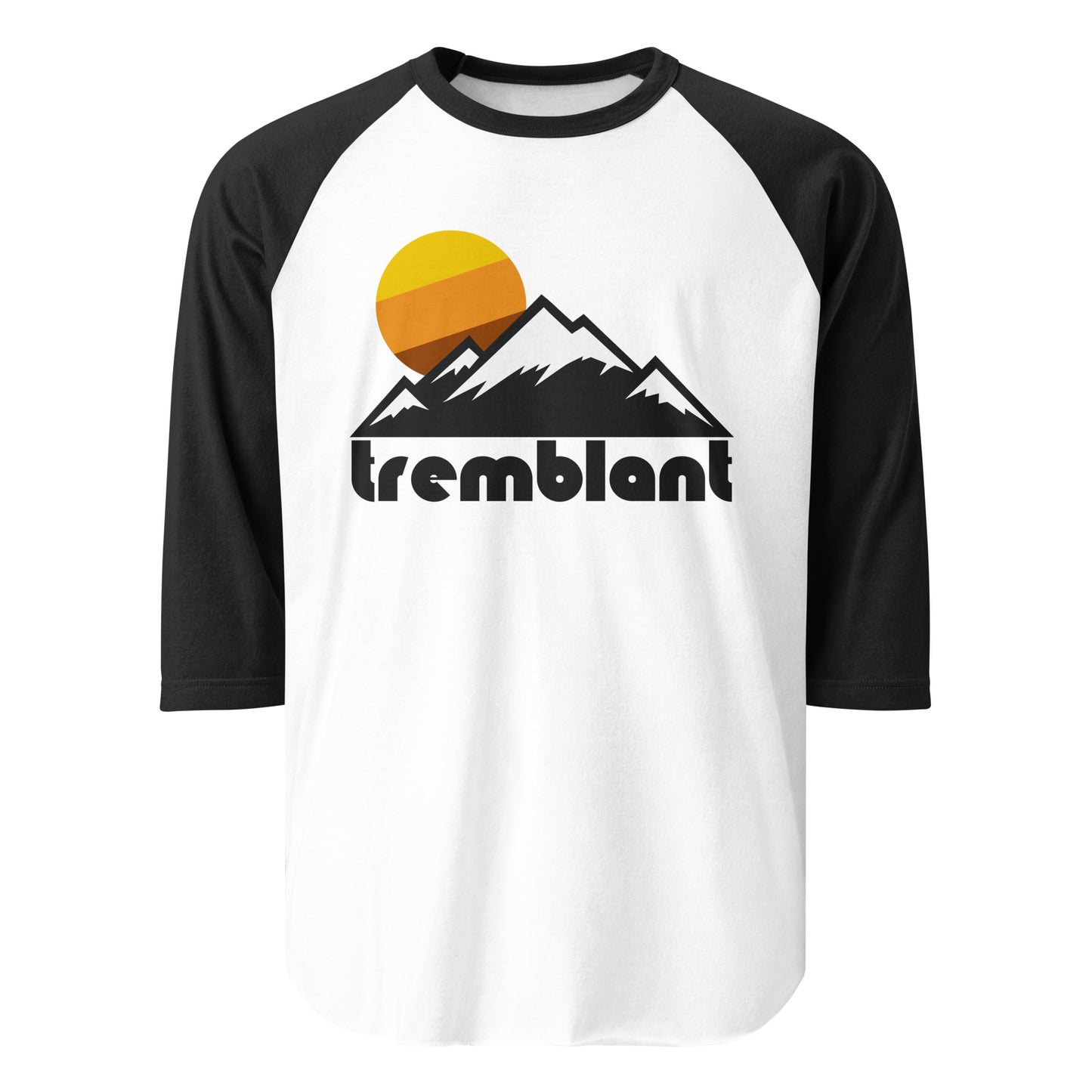 A three quarter sleeve raglan style black and white t-shirt for tourists that says "tremblant" under many mountains peaked with snow, a setting sun in the distance. In reference to Mont Tremblant Ski Resort, one of the most famous in Canada, nestled in Quebec's Laurentian Mountains, a couple hour drive from Montreal. 