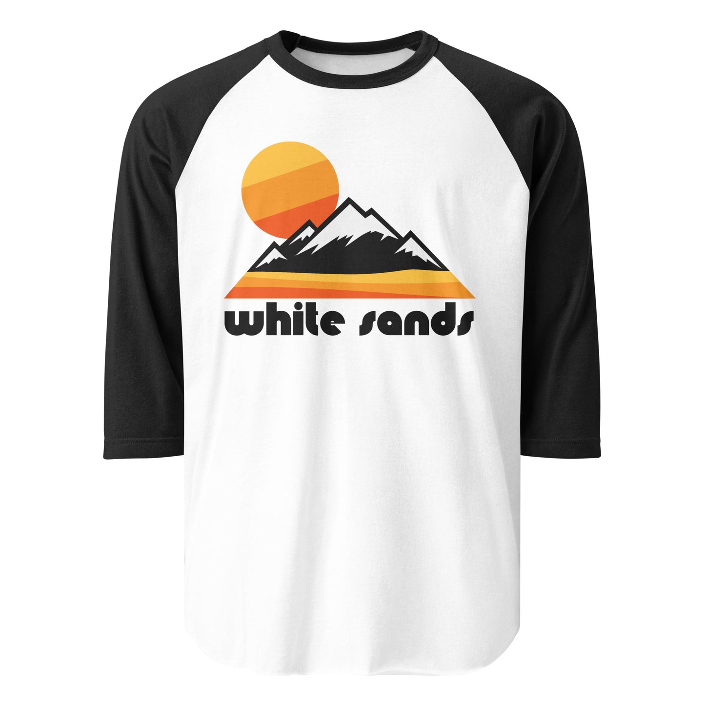 A retro three quarter sleeve white and black colored raglan style shirt that says "White Sands" with an image of a sandy desert landscape and setting sun in yellow, orange, and red, along with snowy mountain peaks. References White Sands National Park in New Mexico, surrounded by White Sands Missile Range, known for its white sand dunes made of gypsum crystals. 