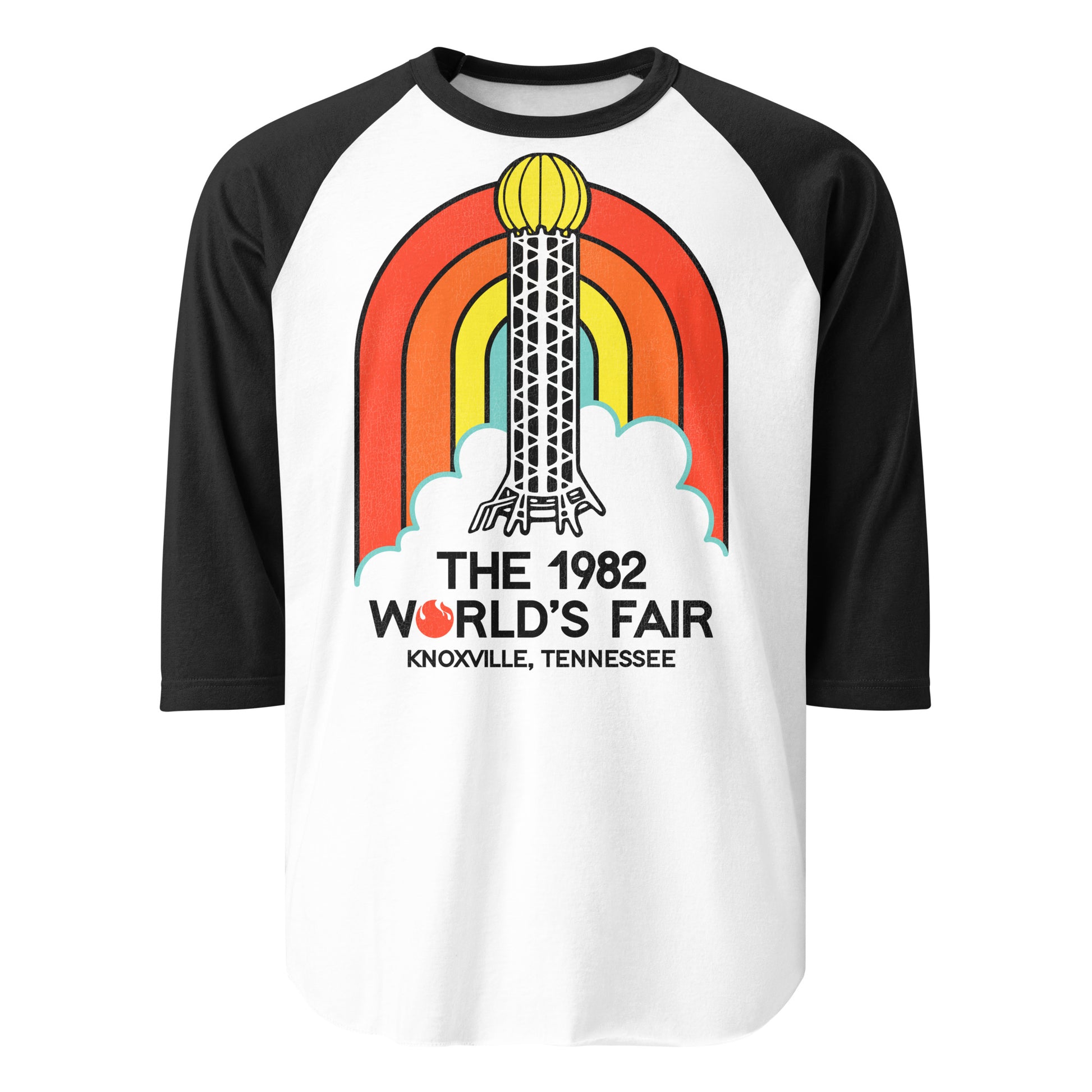 A black and white retro raglan style 3/4 sleeve shirt which has the image of a rainbow behind a steel tower with a gold globe on top, referencing the Sunsphere from The 1982 World's Fair in Knoxville, Tennessee. 
