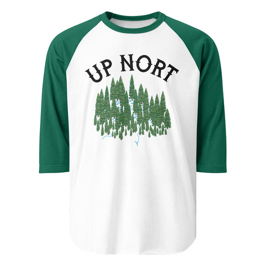 A three quarter sleeve retro raglan style white and kelly green shirt that says "Up Nort", making fun of the Wisconsin and Minnesotan Midwestern accents and how they say "Up North". Image of dark green forest trees with rivers running through, as the northern regions of MN, WI, and MI contain stunning rivers, lakes, and forests. 