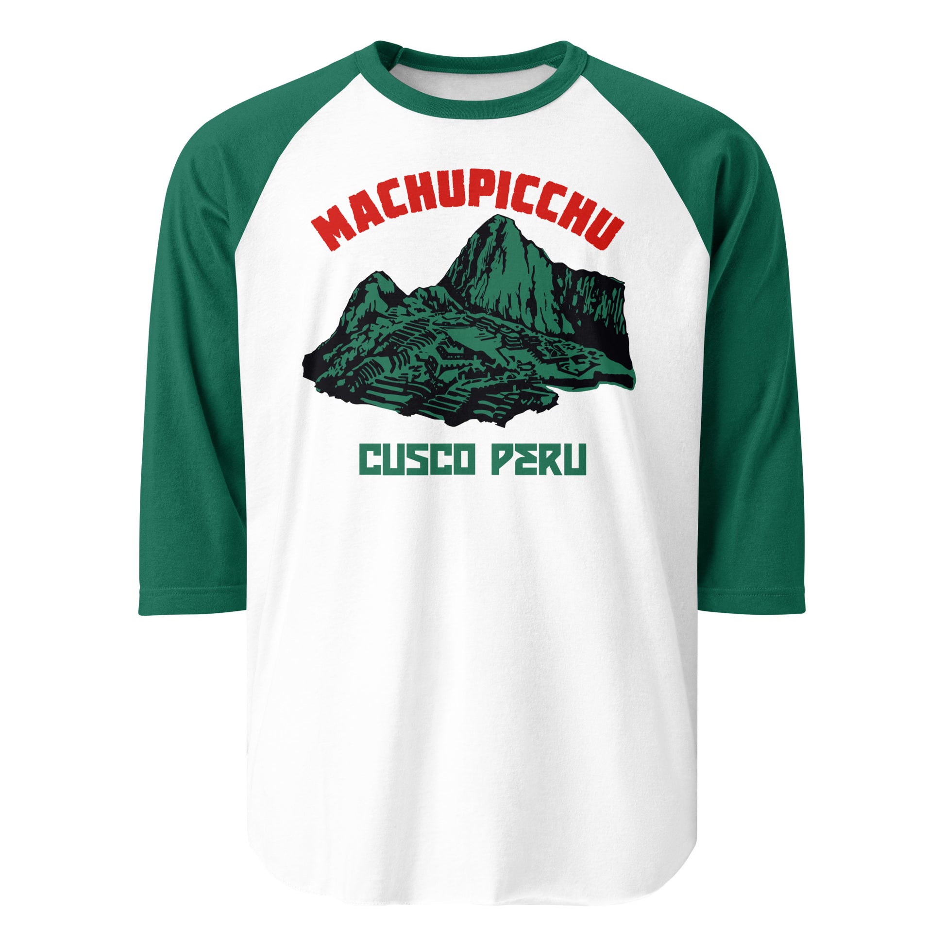 A three quarter sleeve raglan style retro white and kelley green shirt which says "Machu Picchu" with an image of the iconic tourist attraction, considered one of the seven wonders of the world, visited by 1.4 million people every year. The ruins, also a UNESCO World Heritage Site, are near the city Cusco, Peru. 