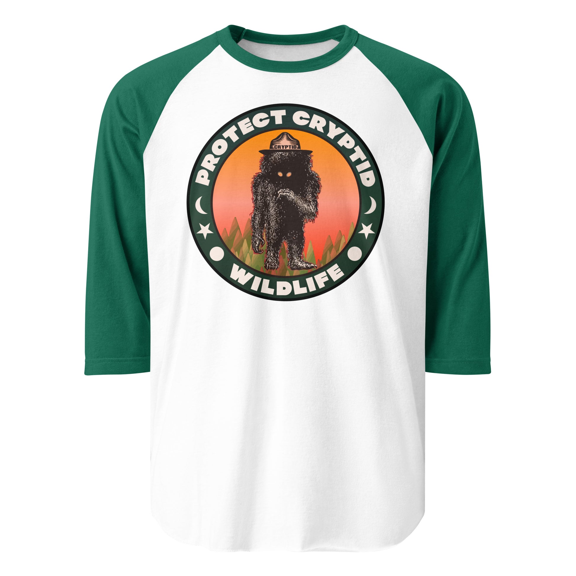 A kelly green and white three quarter sleeve retro shirt that says Protect Cryptid Wildlife about safeguarding undiscovered animals. Image of sun, moon, and stars. Image of mythical black creature with yellow eyes in a green forest with a hat that says cryptid. 