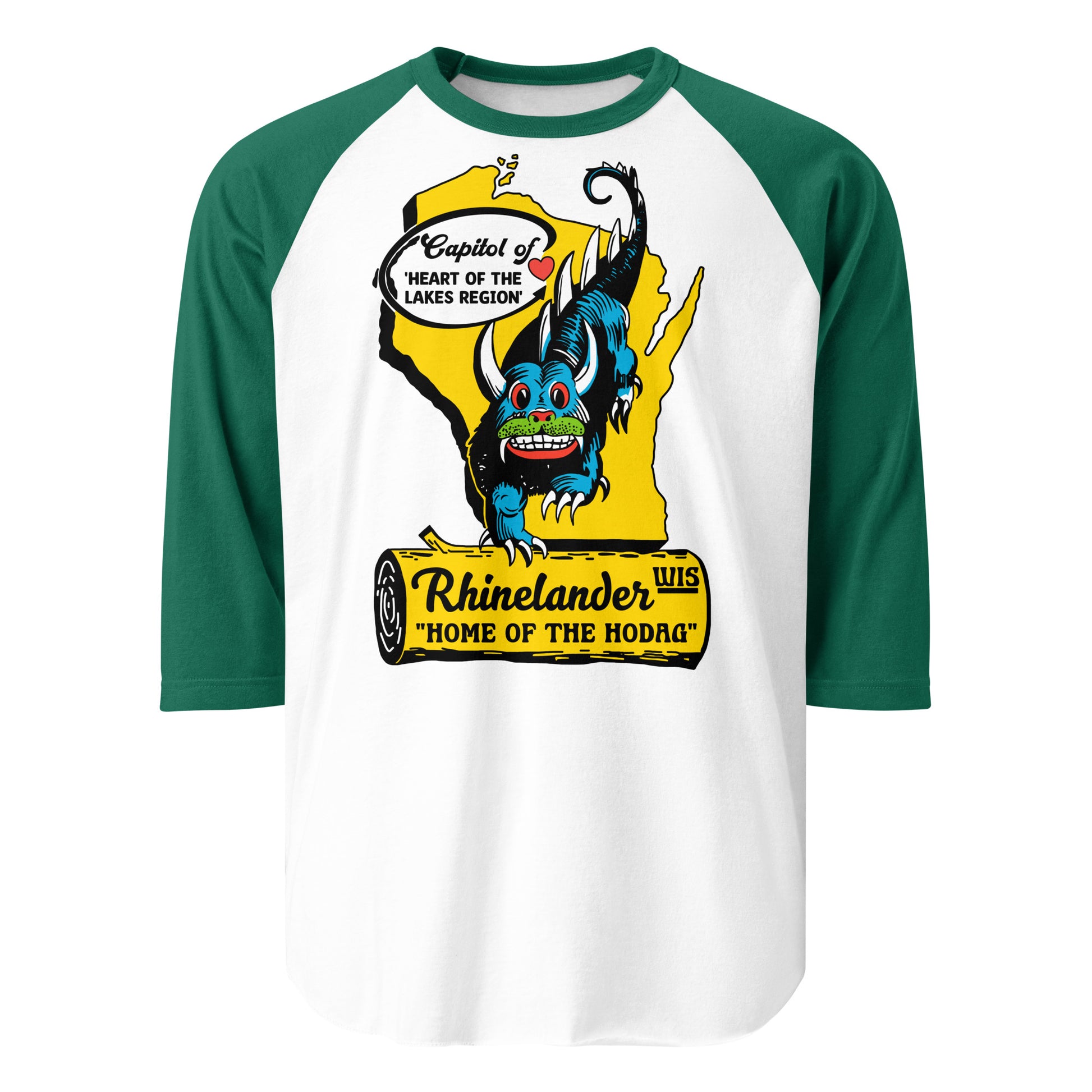 A green and white three quarter sleeve vintage raglan style t-shirt with a yellow map of Wisconsin and a heart right over the location of Rhinelander, "home of the Hodag", a mythical creature of legend from the North Woods. Shirt says "Capitol of" and "heart of the Lakes Region." 